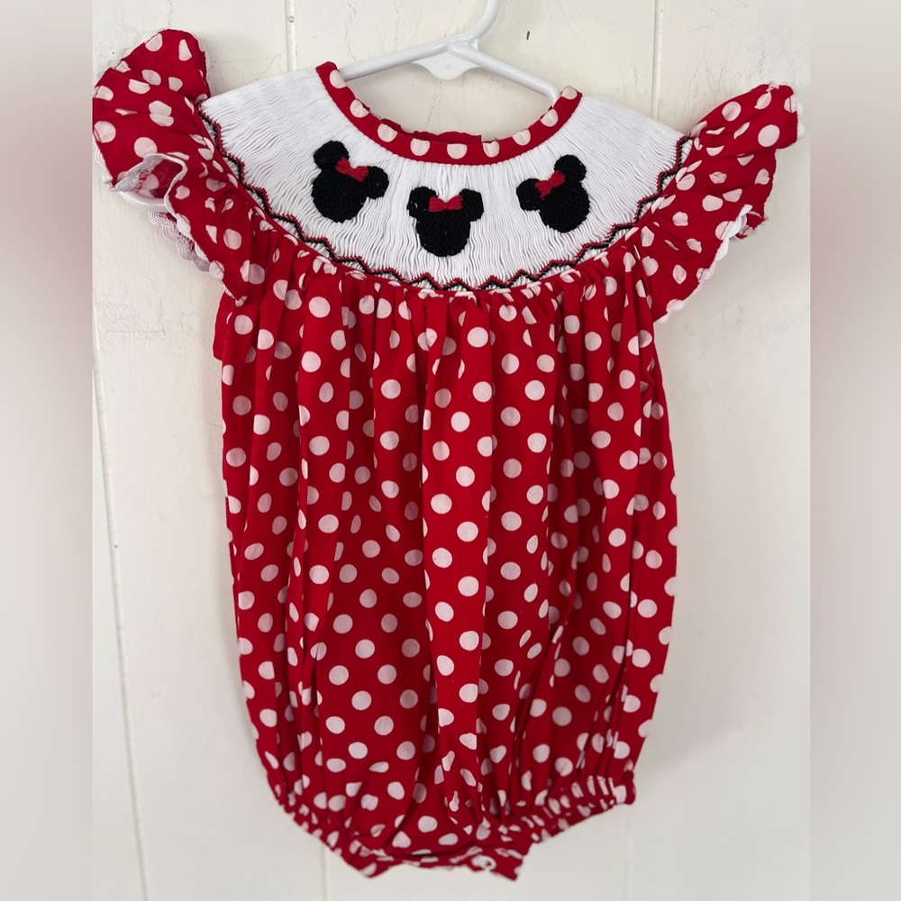 Pleats & Stitches Mouse Ears Smocked Romper Red Polka Dot Minnie Bubble 6 Months - Picture 5 of 15